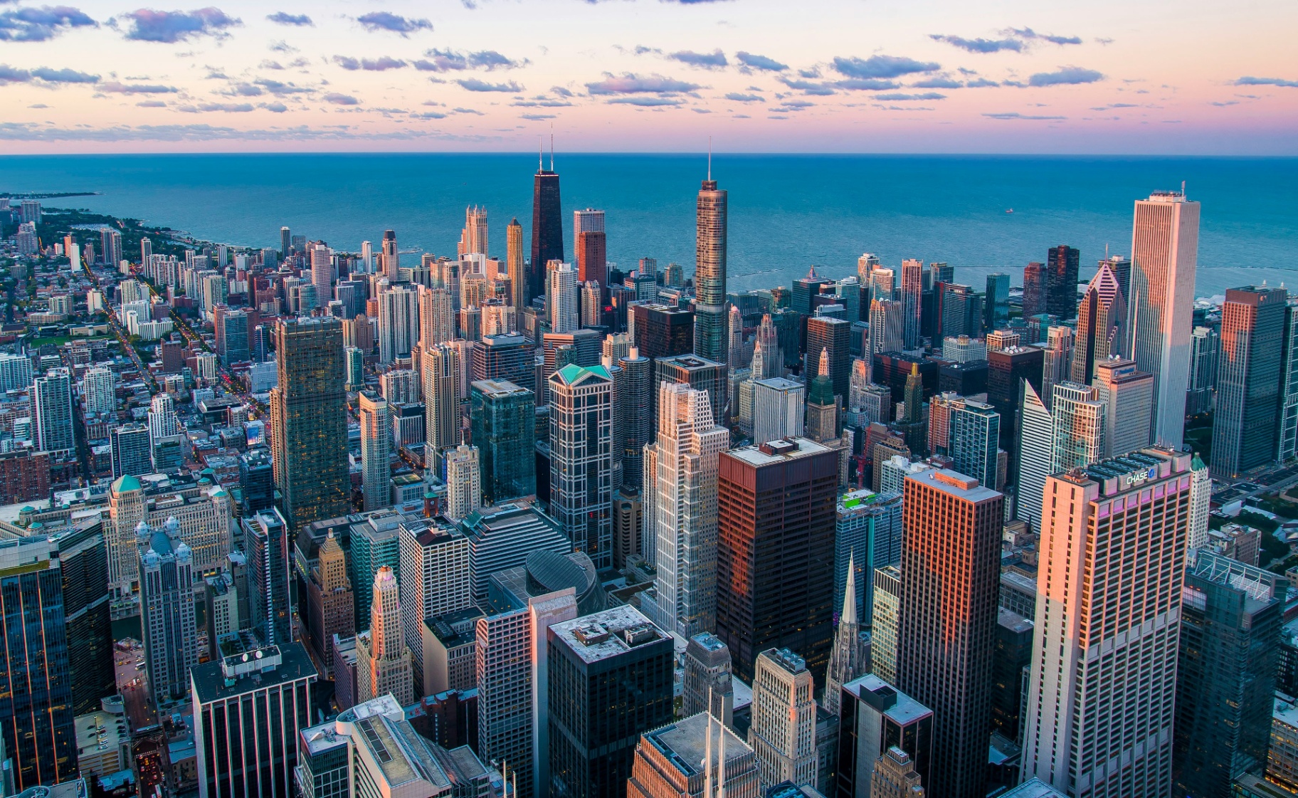 City skyline at sunset